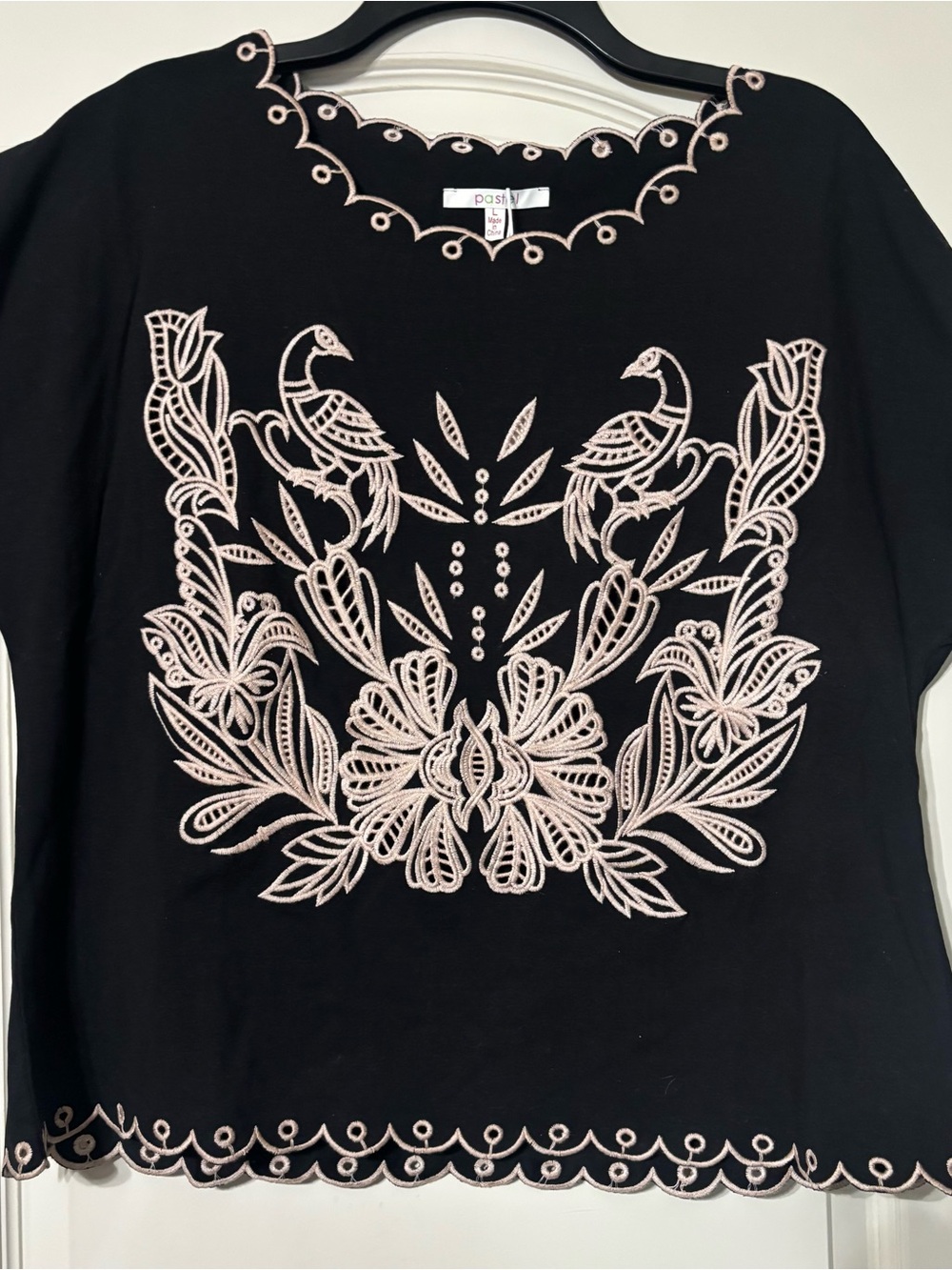 Pastels Black Short-Sleeve Top with Blush Embroidered Floral Birds
